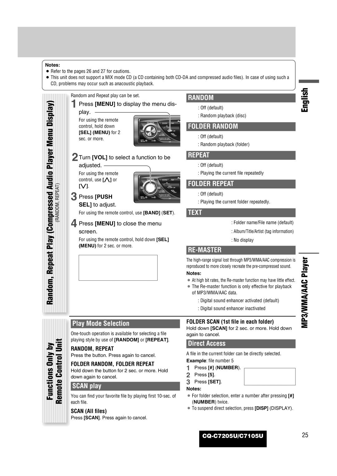 Panasonic CQ-C7105U operating instructions Menu, Unit, MP3/WMA/AAC Player 