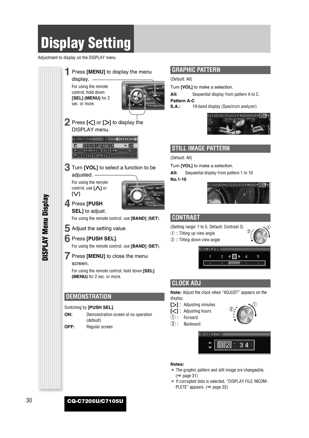 Panasonic CQ-C7105U Graphic Pattern, Still Image Pattern, Contrast, Clock ADJ, Turn VOL to select a function to be 