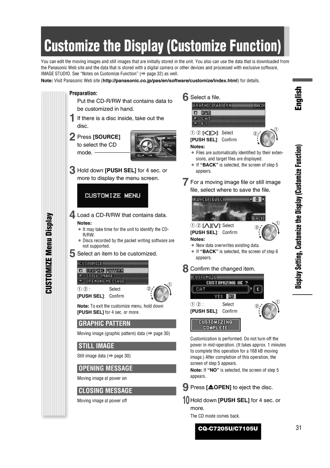 Panasonic CQ-C7105U operating instructions Customize Menu Display, Still Image, Opening Message, Closing Message 