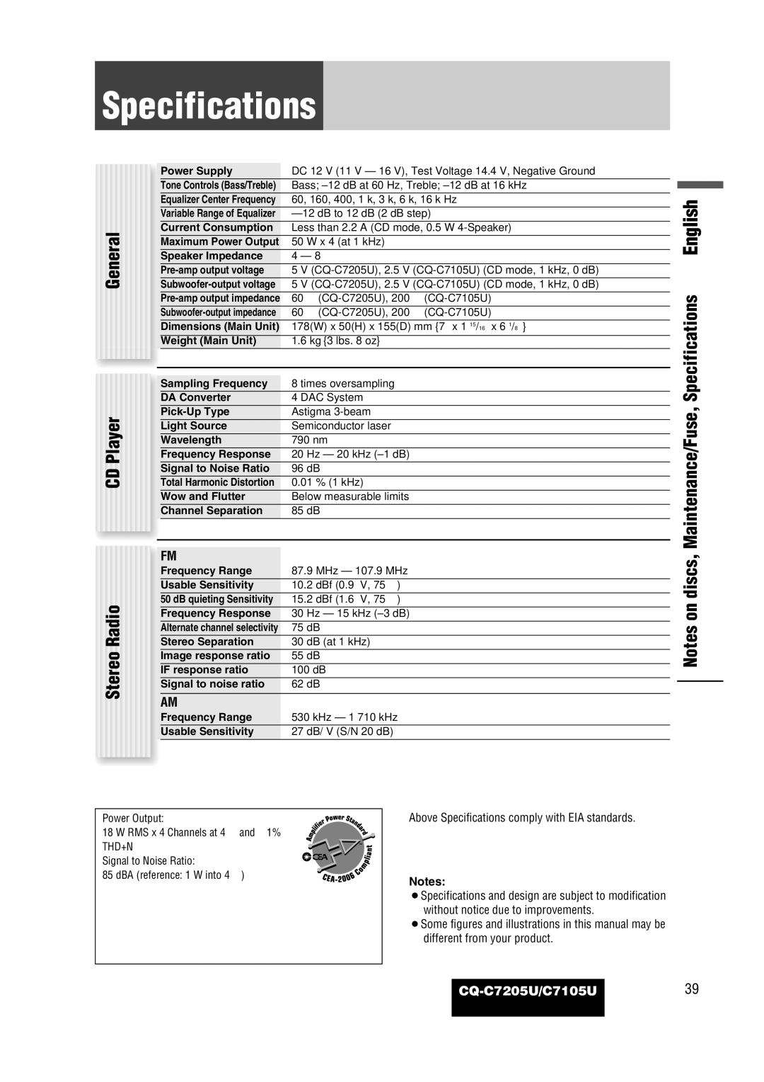 Panasonic CQ-C7105U operating instructions Specifications 