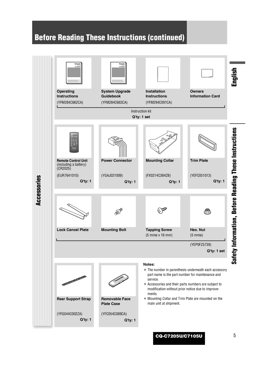 Panasonic CQ-C7105U operating instructions Before Reading These Instructions, Accessories 