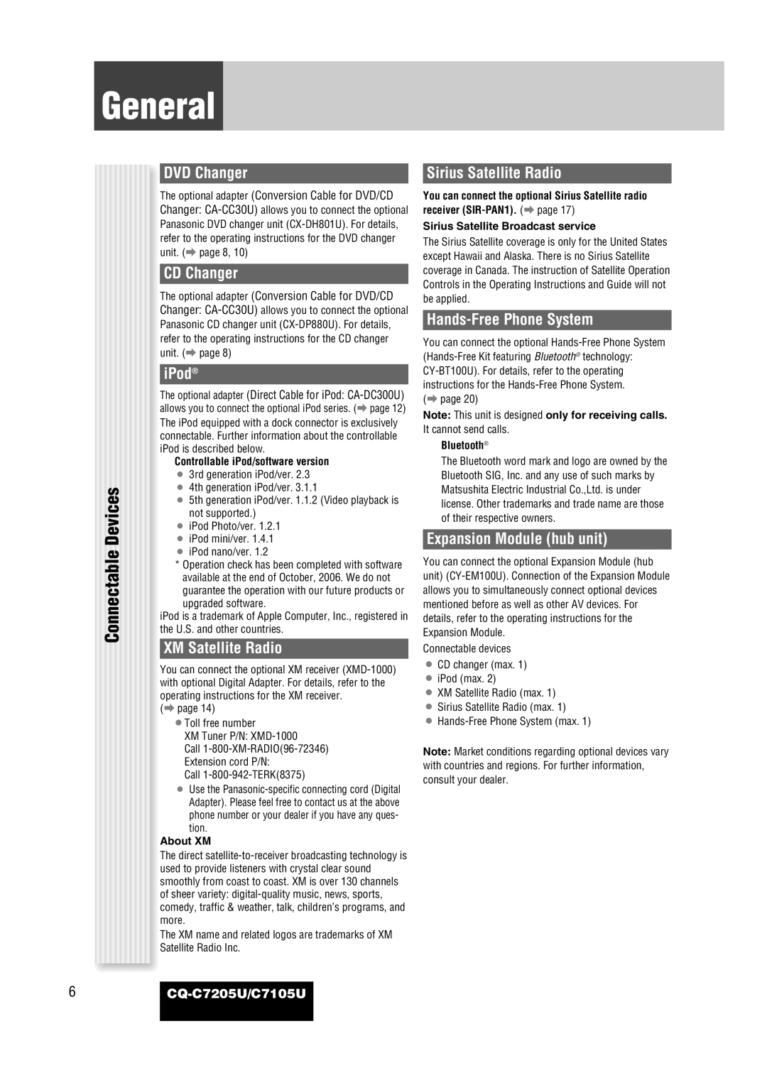 Panasonic CQ-C7105U operating instructions Connectable Devices 