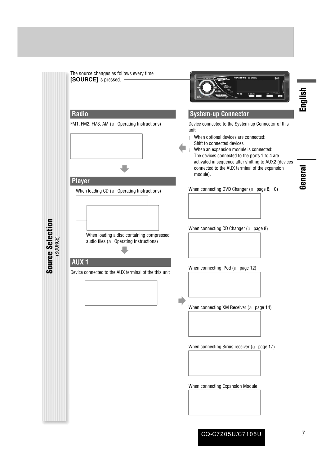 Panasonic CQ-C7105U General Source Selection, Radio System-up Connector, FM1, FM2, FM3, AM a Operating Instructions 