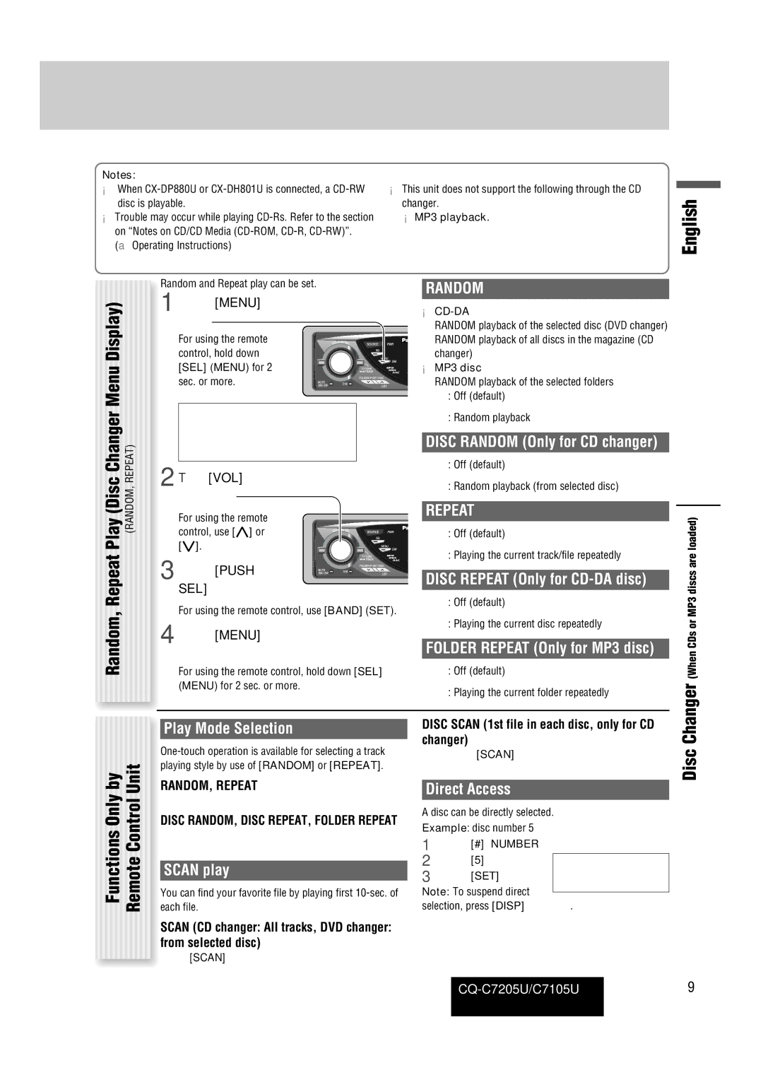 Panasonic CQ-C7105U Disc Random Only for CD changer, Disc Repeat Only for CD-DA disc, Folder Repeat Only for MP3 disc 