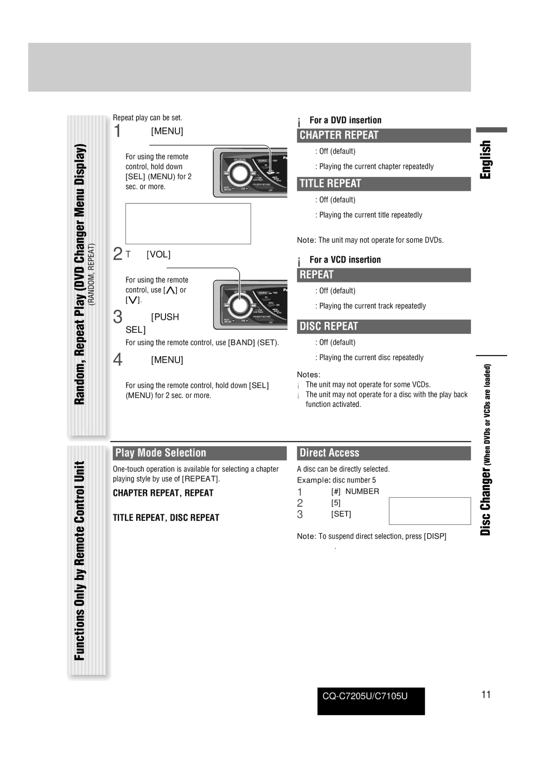 Panasonic CQ-C7105U Random, Repeat Play DVD Changer Menu Display, Chapter Repeat, Title Repeat, Disc Repeat 