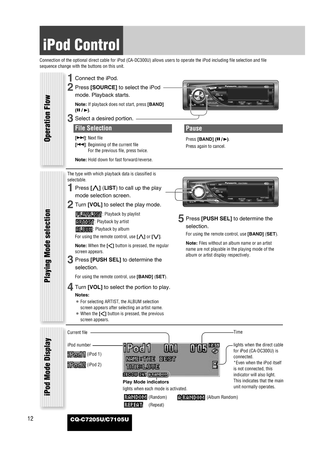 Panasonic CQ-C7105U operating instructions IPod Control, File Selection Pause 