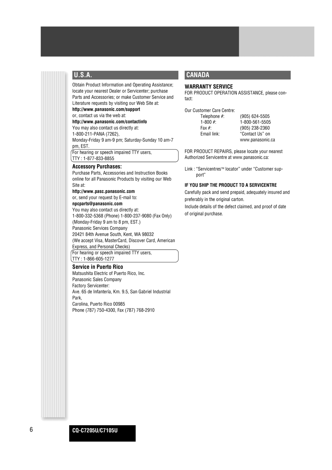 Panasonic CQ-C7105U operating instructions Customer Services Directory, Canada, Accessory Purchases, Service in Puerto Rico 