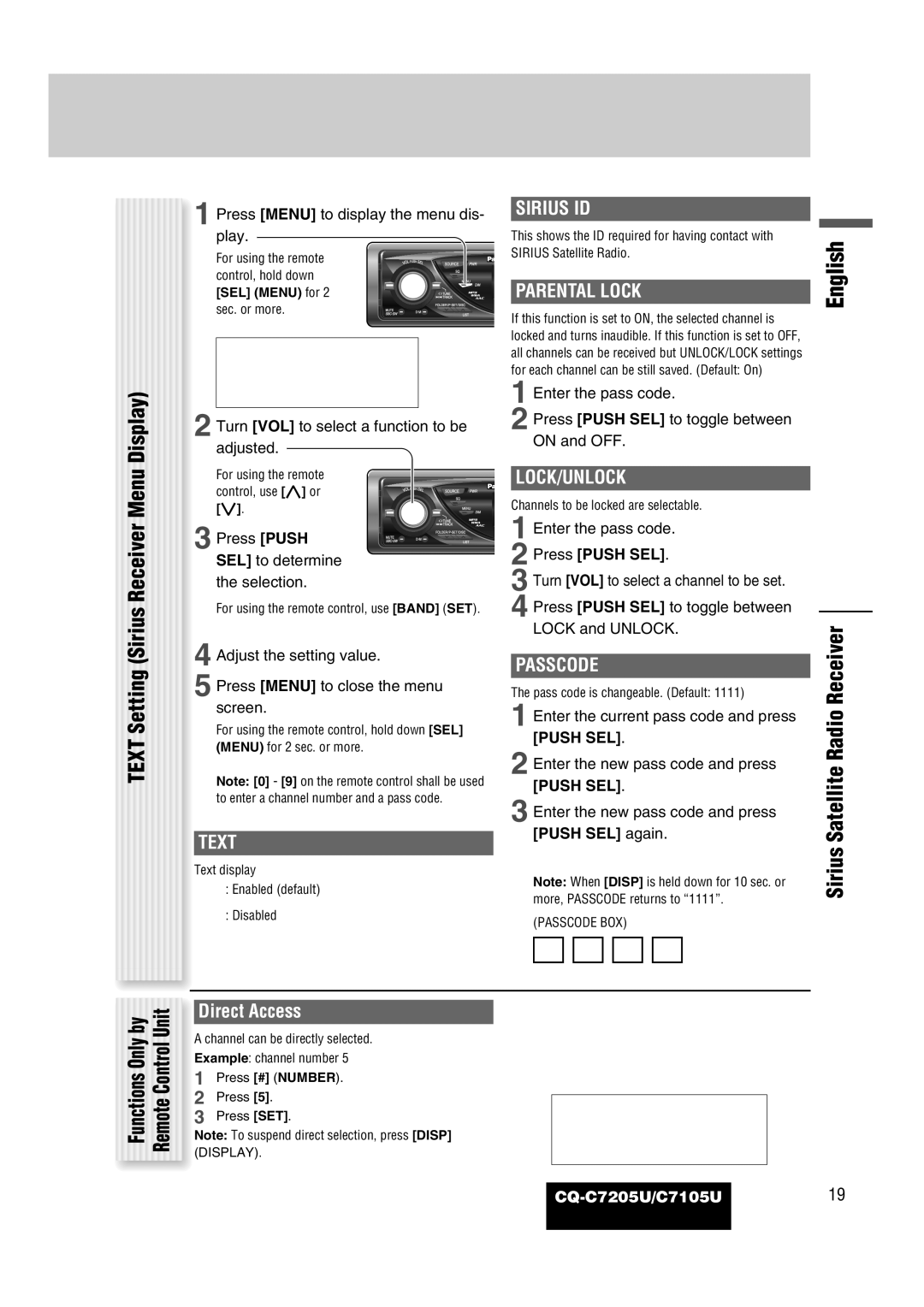 Panasonic CQ-C7105U operating instructions Text Setting Sirius Receiver Menu Display, Sirius Satellite Radio Receiver 