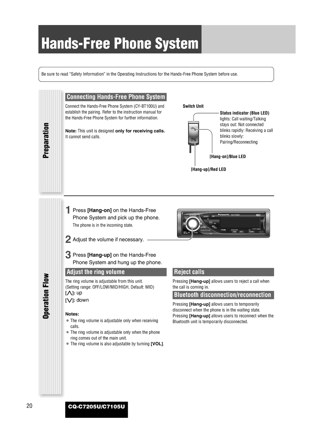 Panasonic CQ-C7105U operating instructions Connecting Hands-Free Phone System, Adjust the ring volume, Reject calls 