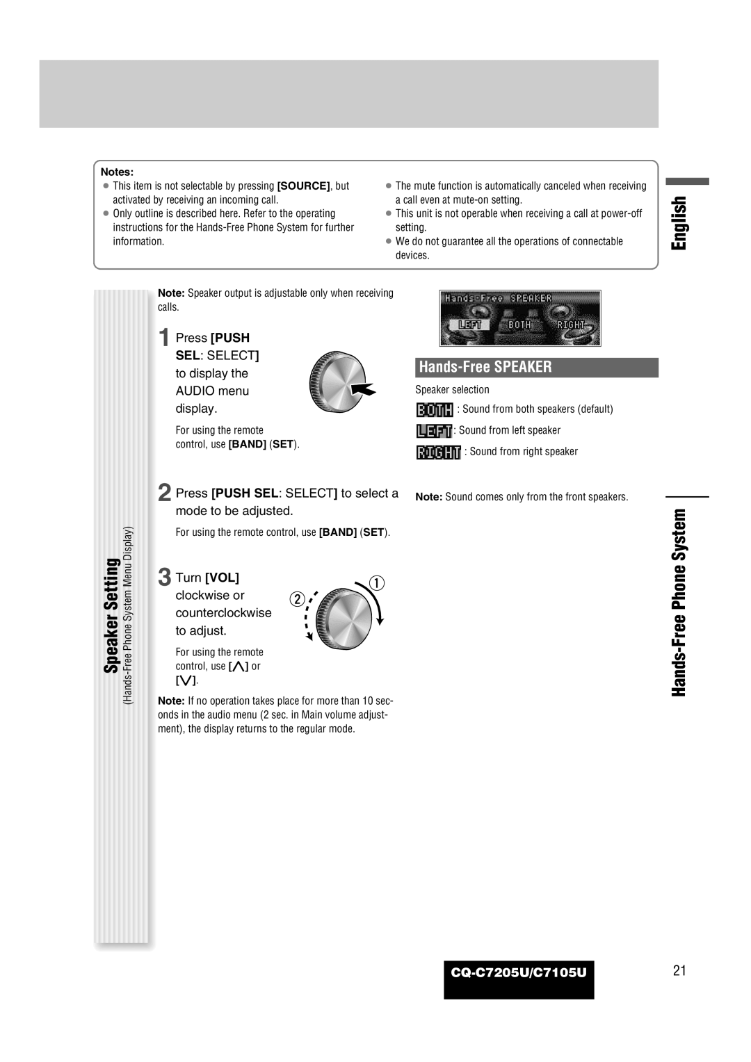 Panasonic CQ-C7105U operating instructions Speaker Setting, Hands-Free Phone System, Hands-Free Speaker 