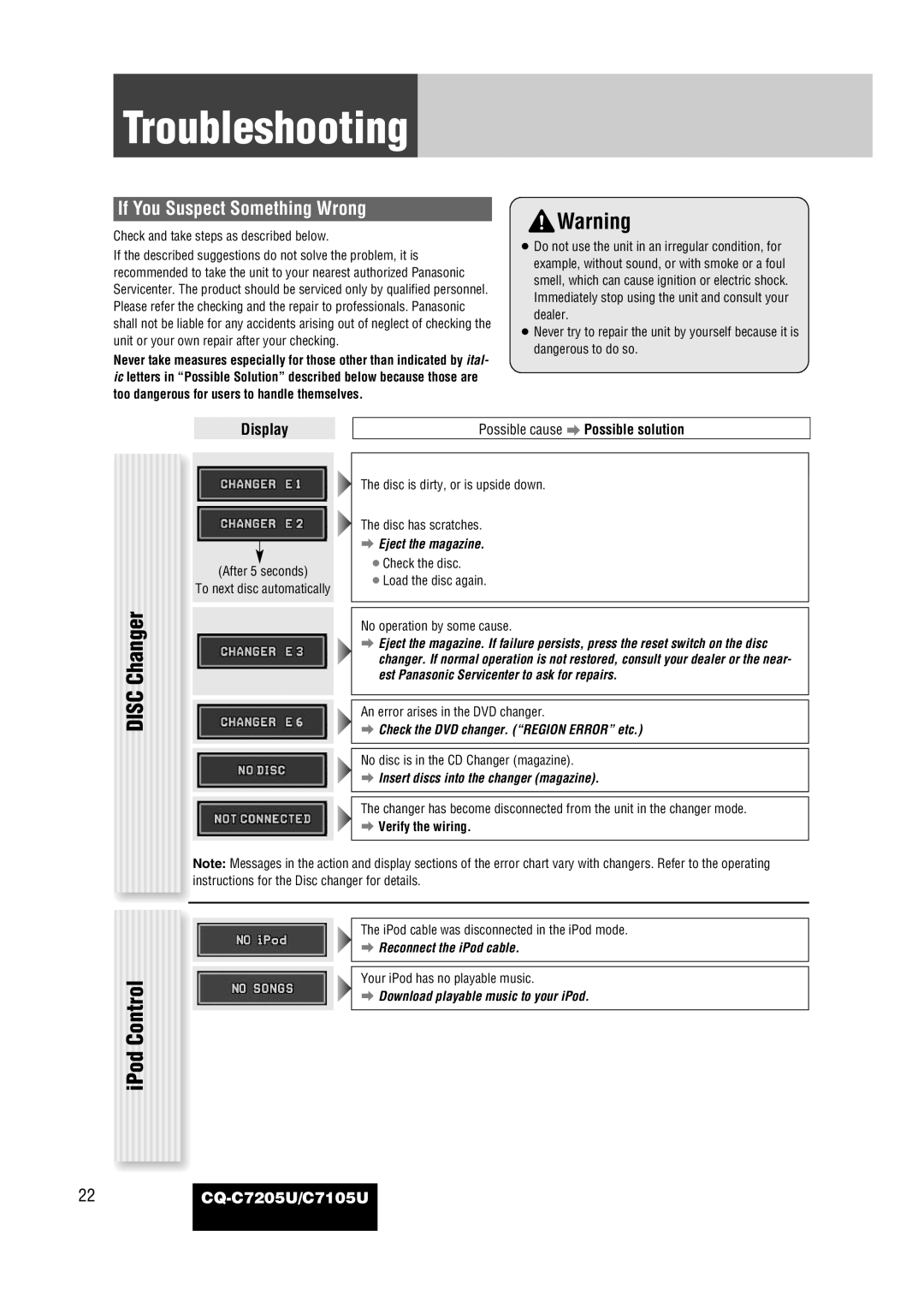 Panasonic CQ-C7105U operating instructions Disc Changer, Verify the wiring 