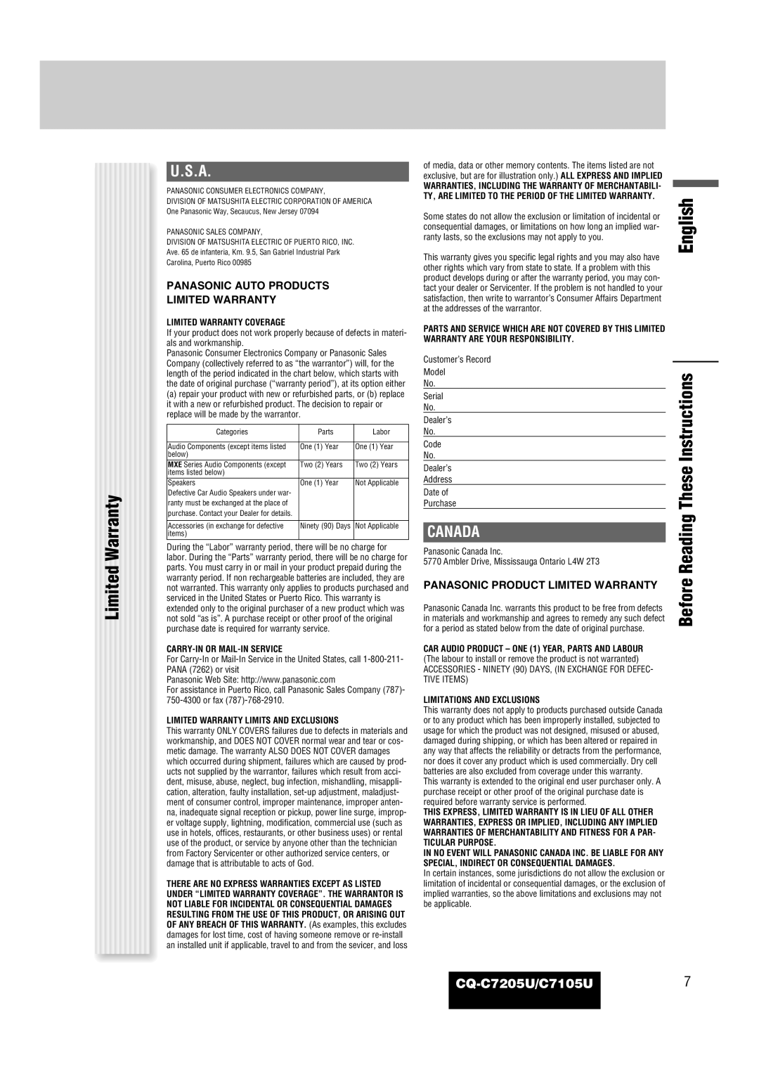 Panasonic CQ-C7105U operating instructions Limited Warranty, Before Reading These Instructions 