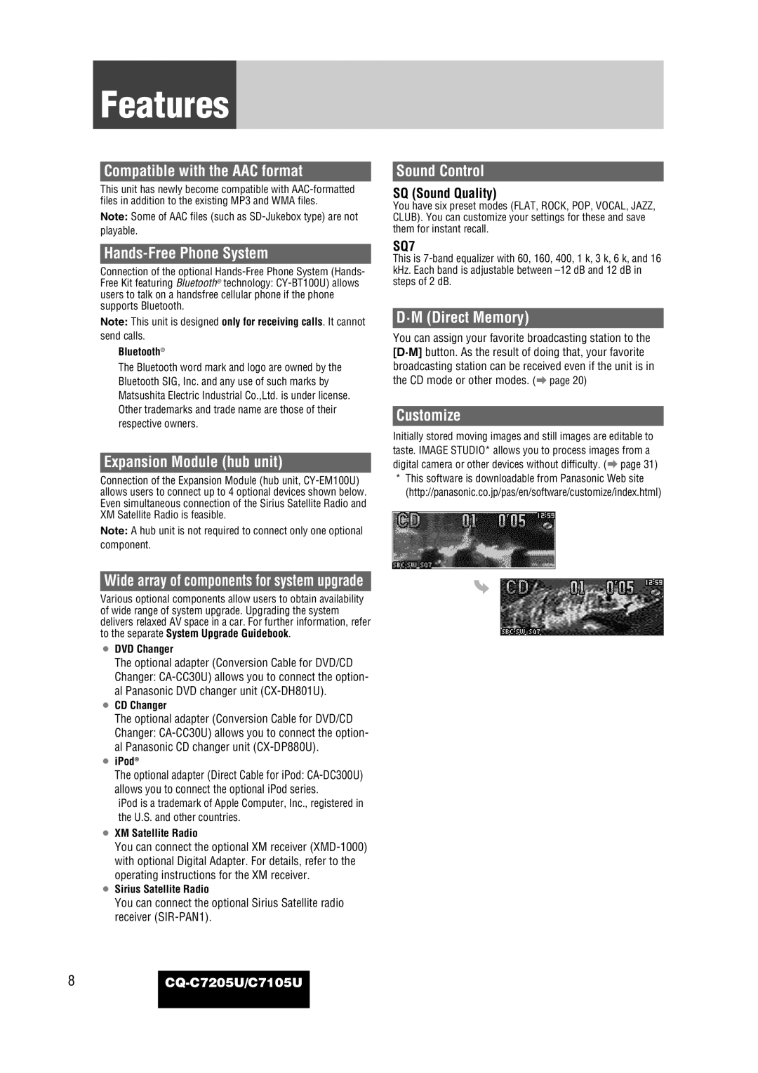 Panasonic CQ-C7105U operating instructions Features 