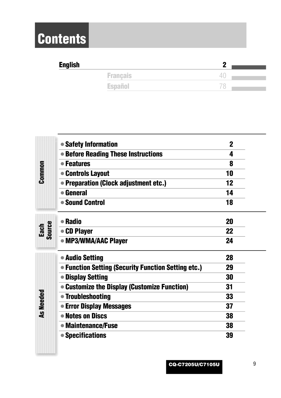 Panasonic CQ-C7105U operating instructions Contents 