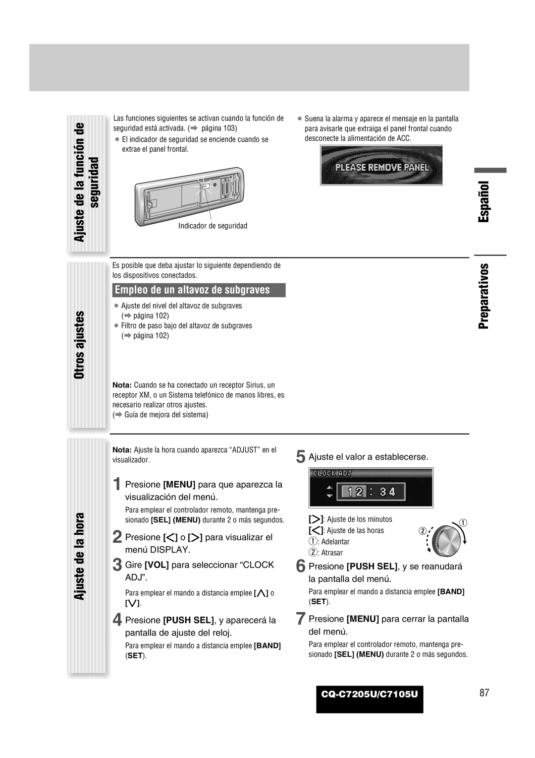 Panasonic CQ-C7205U warranty De la función de Seguridad, Otros ajustes, Preparativos Ajuste de la hora 