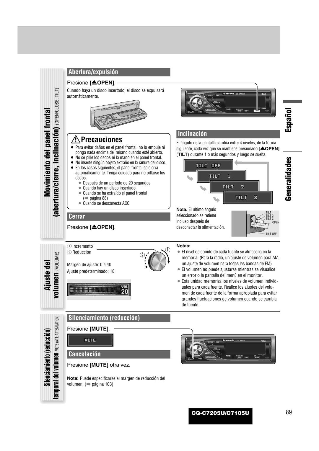 Panasonic CQ-C7205U warranty Ajuste del volumen Volume 