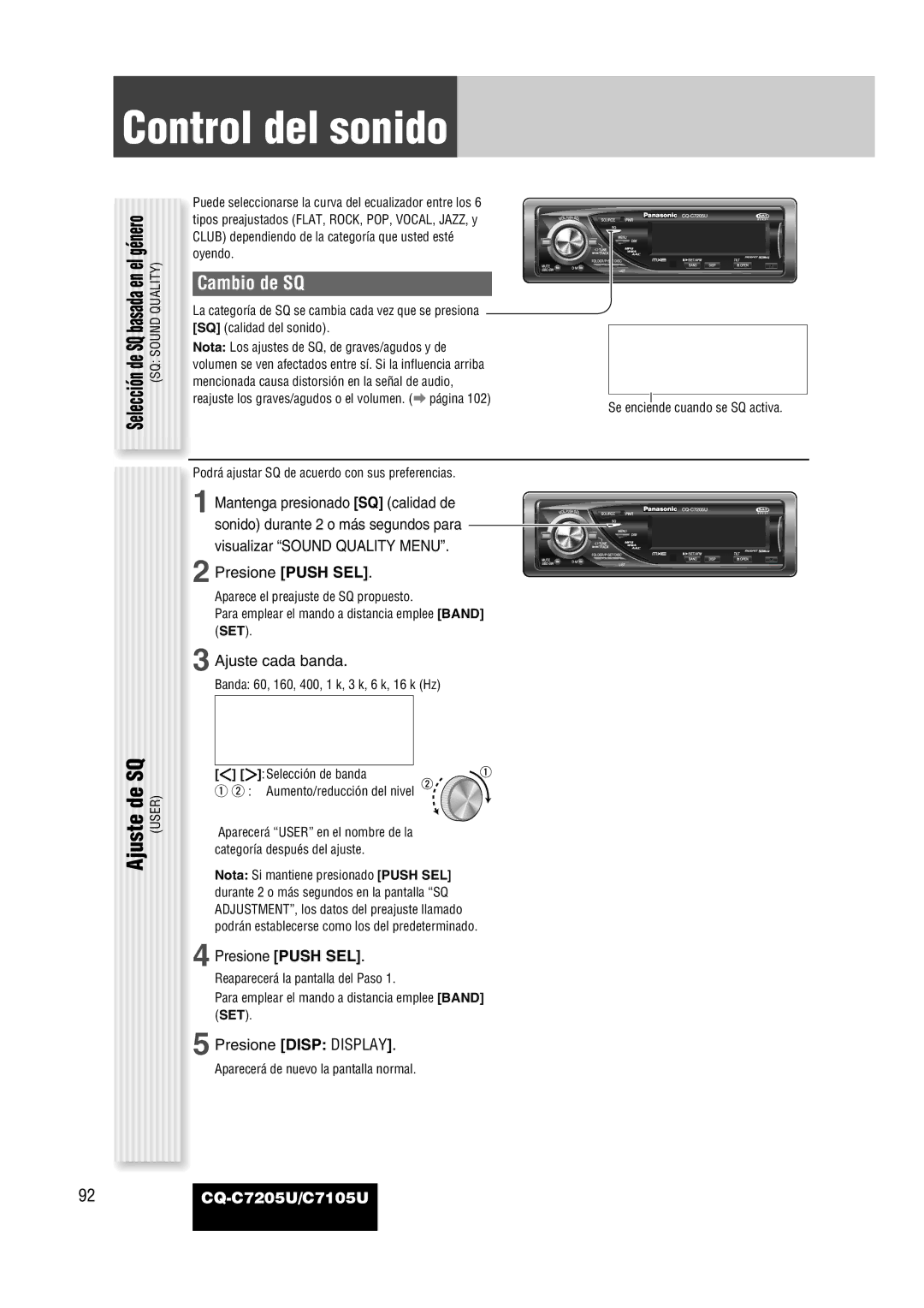 Panasonic CQ-C7205U warranty Control del sonido, Cambio de SQ 