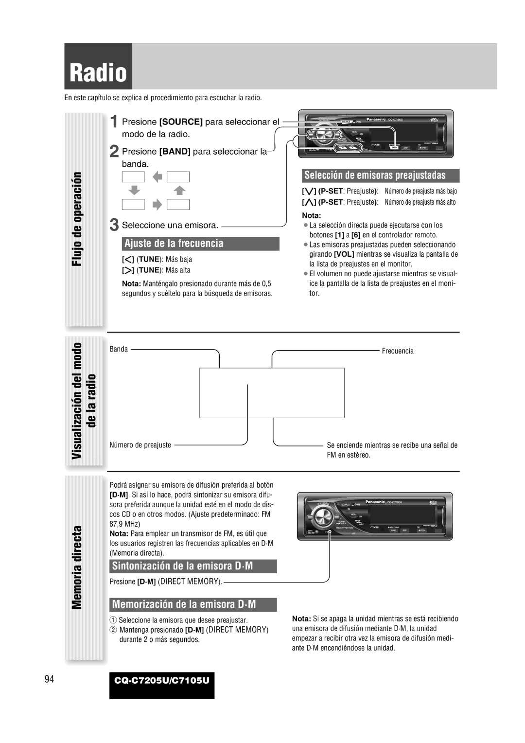 Panasonic CQ-C7205U warranty Radio, Flujo de operación, Memoria directa, Visualización del modo de la radio 