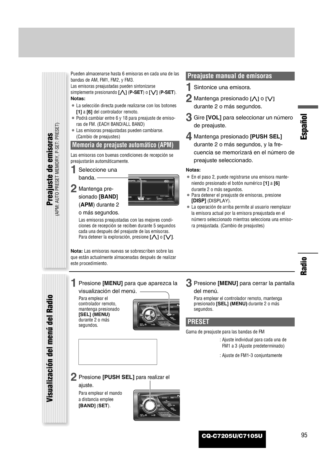 Panasonic CQ-C7205U warranty De emisoras, Preajuste manual de emisoras, Preset, Visualización 