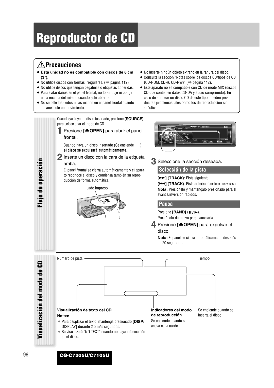 Panasonic CQ-C7205U Reproductor de CD, Flujo de operación Visualización del modo de CD, Selección de la pista, Pausa 