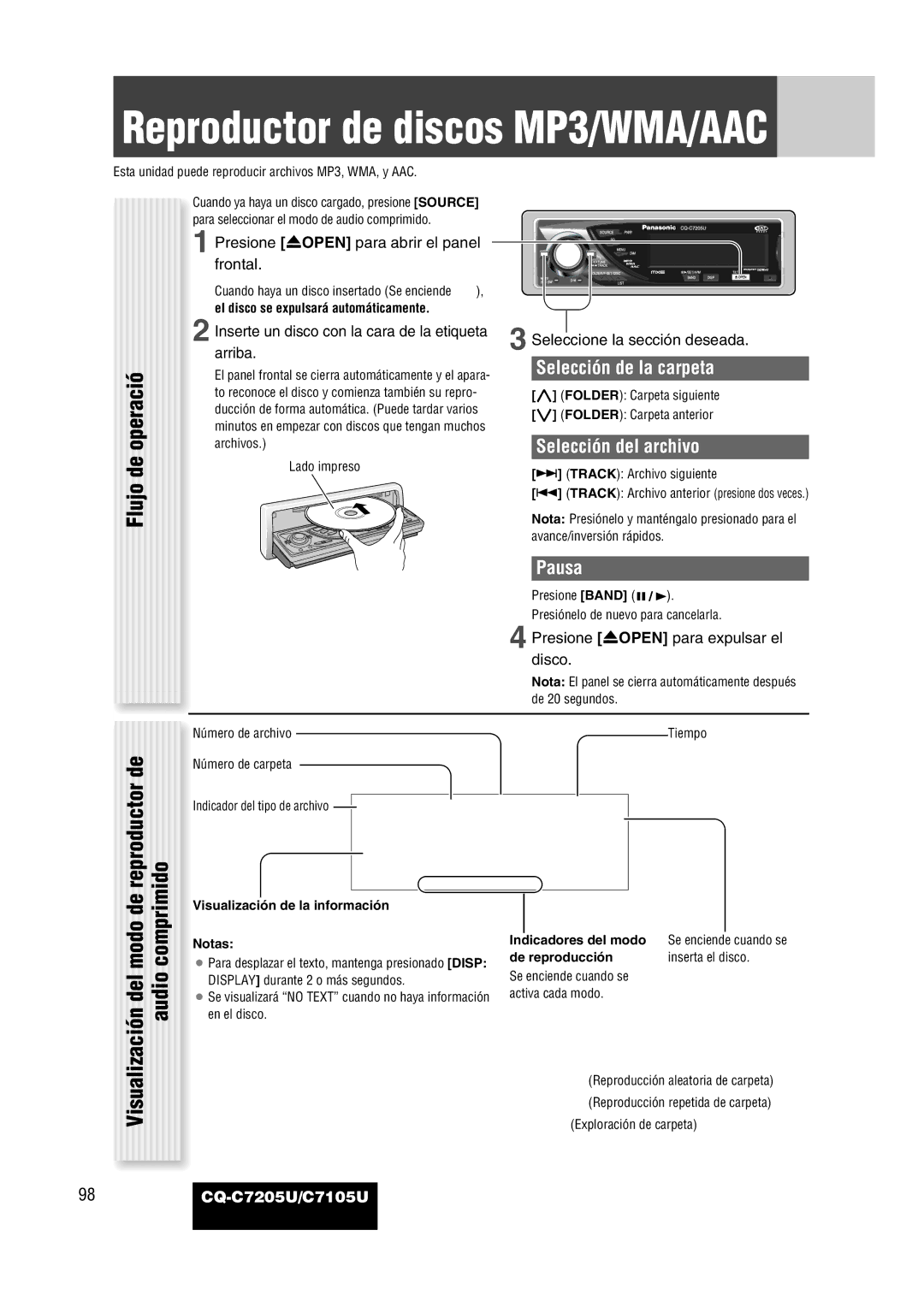 Panasonic CQ-C7205U Comprimido, Selección de la carpeta, Selección del archivo, Presione uOPEN para expulsar el, Disco 