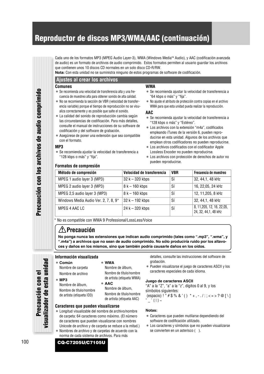 Panasonic CQ-C7205U warranty Precaución con los, Precaución con el de esta unidad, Ajustes al crear los archivos 