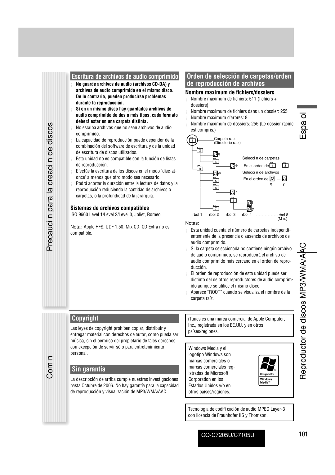 Panasonic warranty Precaución para la creación de discos, Copyright, Sin garantía, CQ-C7205U/C7105U101 