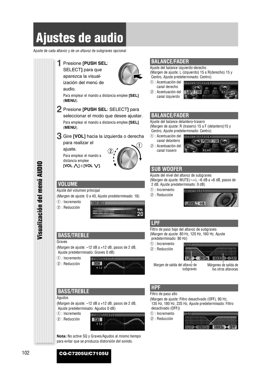 Panasonic CQ-C7205U warranty Ajustes de audio, Menú, Del 