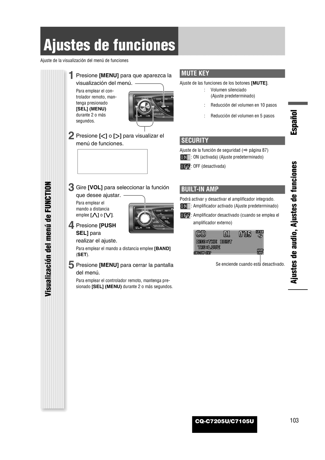 Panasonic warranty Ajustes de audio, Ajustes de funciones, Mute KEY, Security, Built-In Amp, CQ-C7205U/C7105U103 