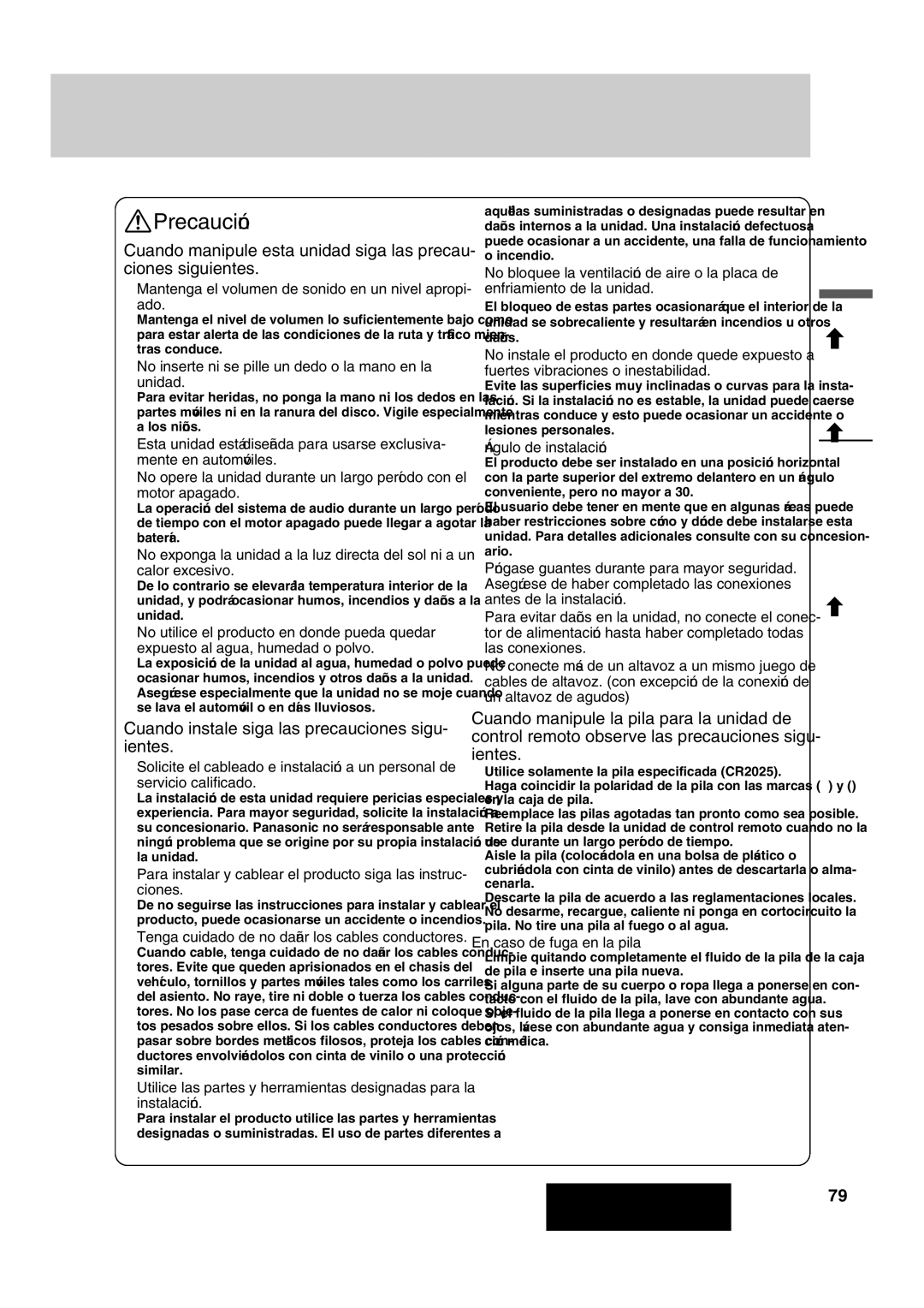 Panasonic CQ-C7205U warranty Precaución, Información de seguridad, Cuando instale siga las precauciones sigu- ientes 