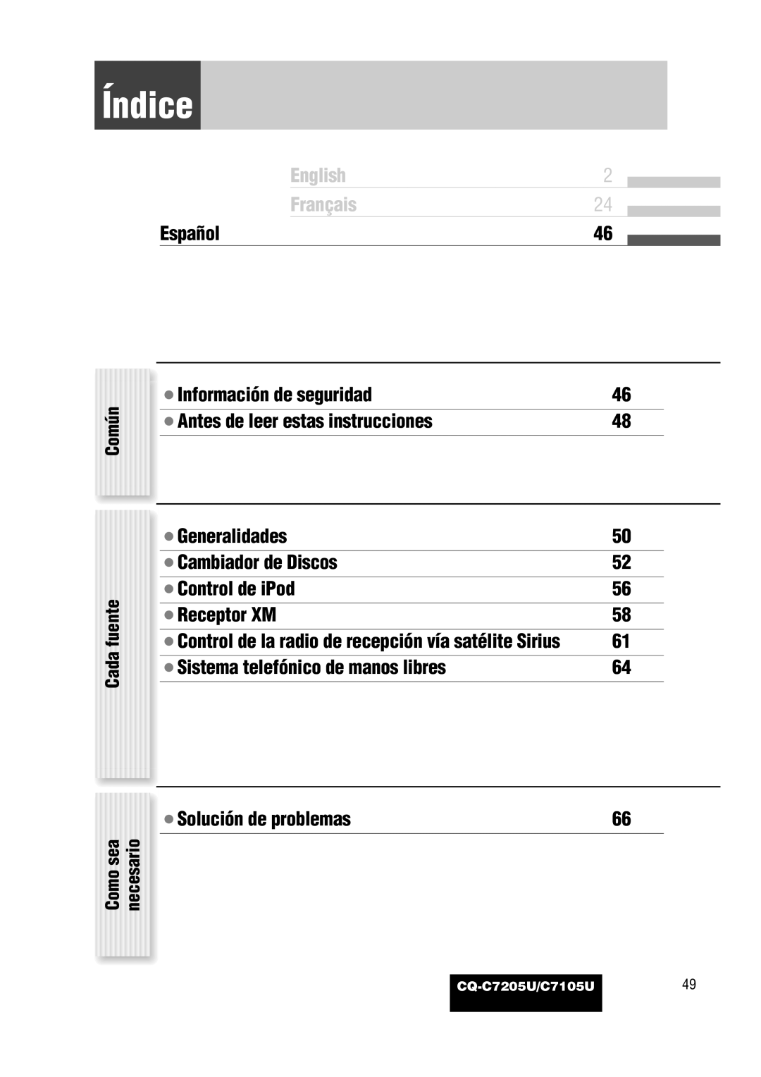 Panasonic warranty Común Cada fuente, Como sea necesario, CQ-C7205U/C7105U49 