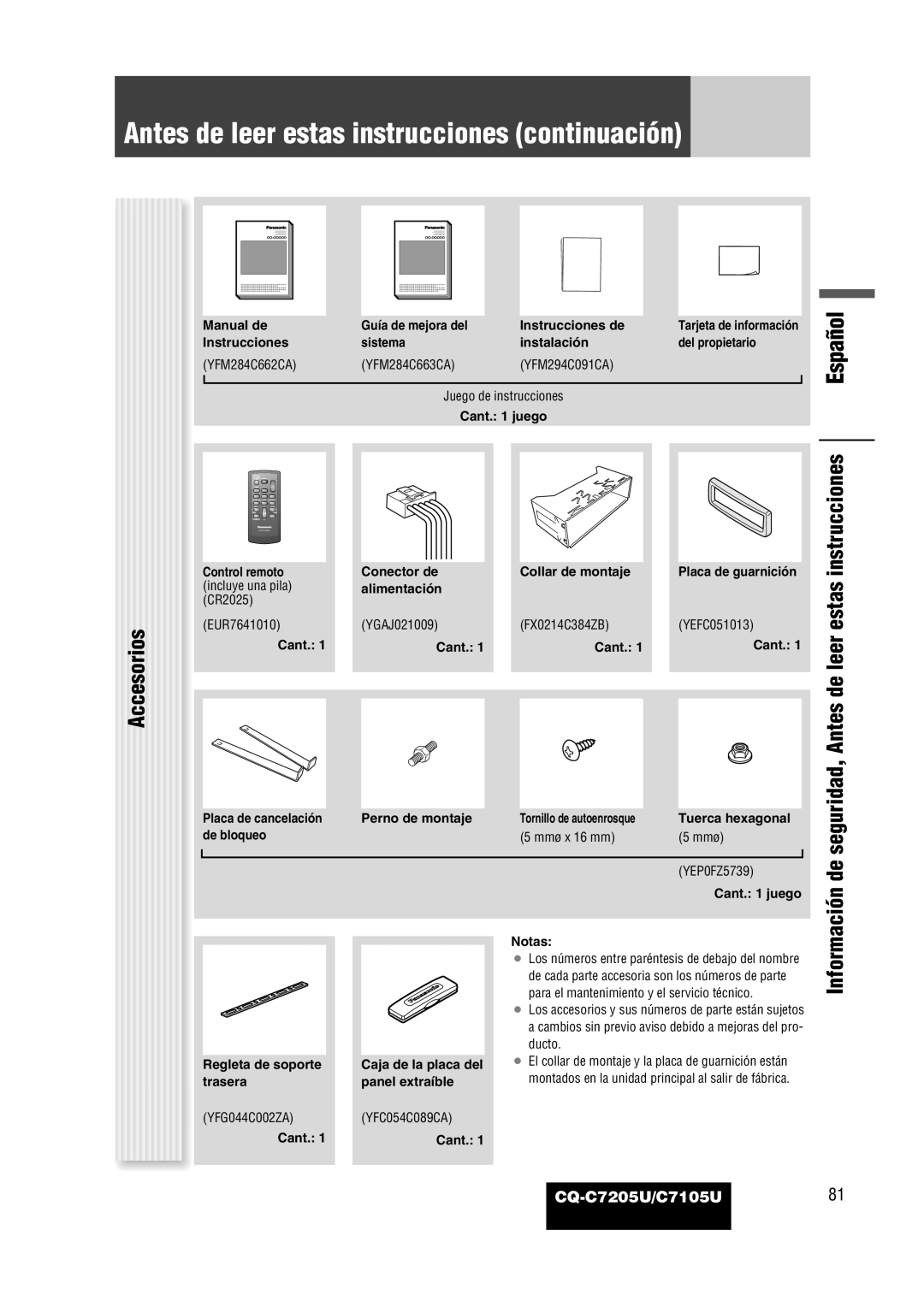 Panasonic CQ-C7205U warranty Accesorios, Instrucciones, Estas, Antes de leer, Seguridad 