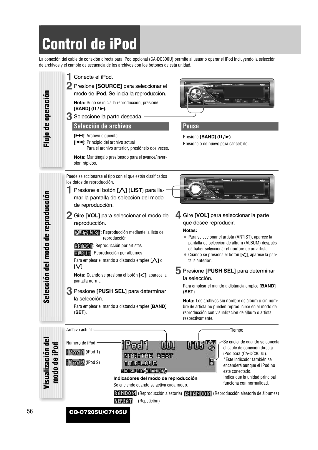 Panasonic CQ-C7205U warranty Control de iPod, Selección de archivos Pausa, Conecte el iPod 