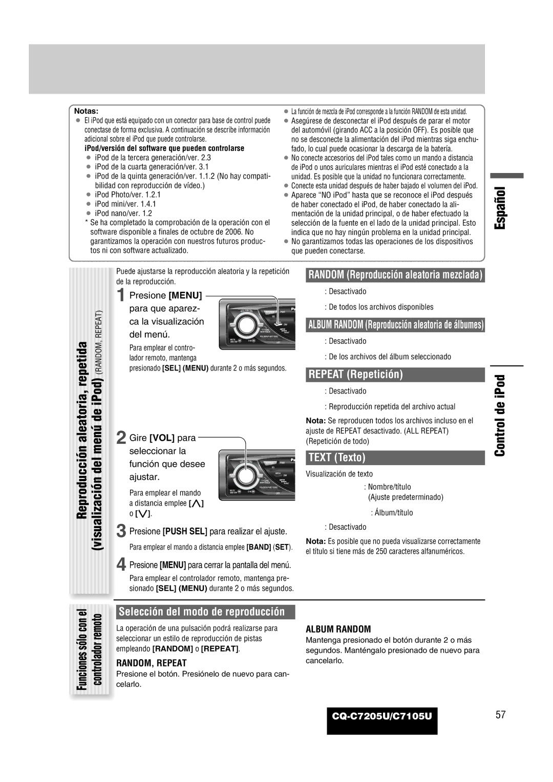 Panasonic warranty IPod, Control, Repeat Repetición, Text Texto, CQ-C7205U/C7105U57 