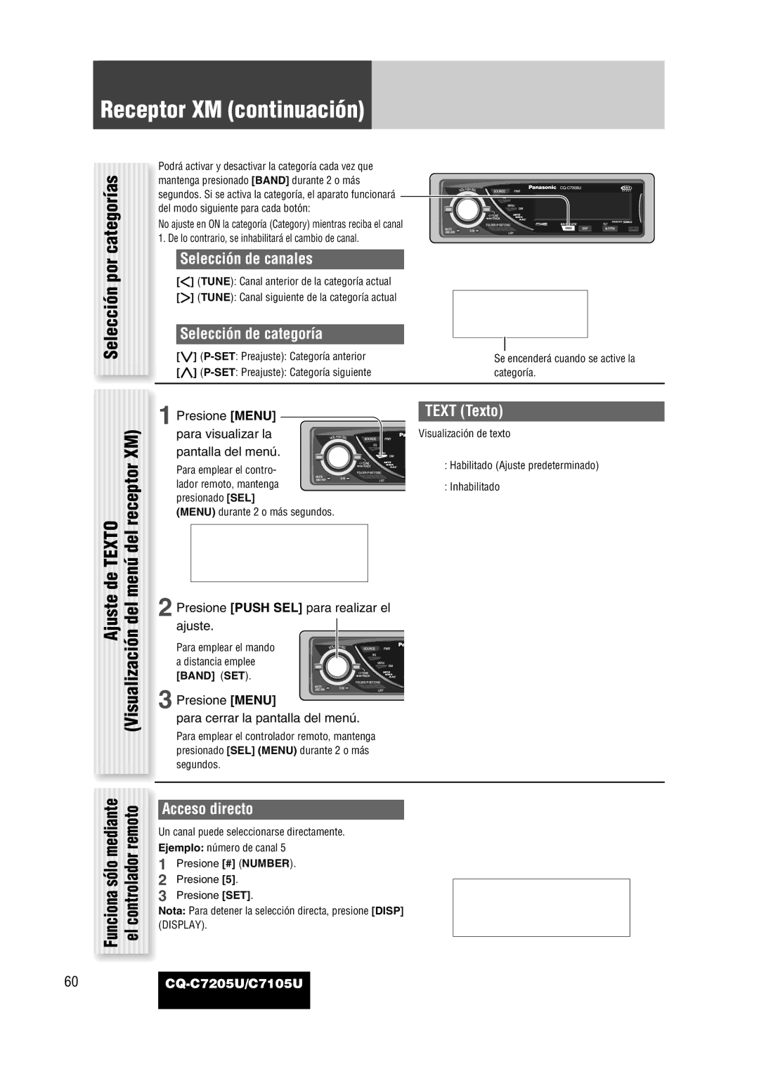 Panasonic CQ-C7205U warranty Selección por categorías, Ajuste de Texto Visualización del menú del receptor XM 