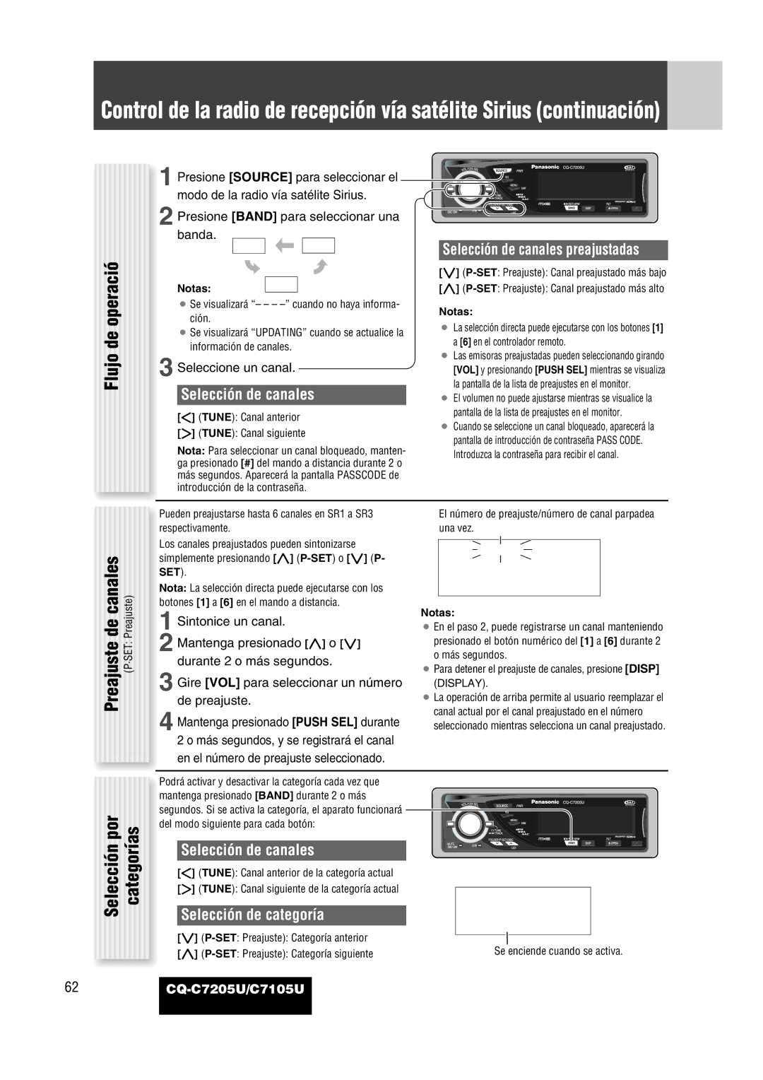 Panasonic CQ-C7205U warranty Operació, De canales, Selección por, Selección de canales preajustadas 