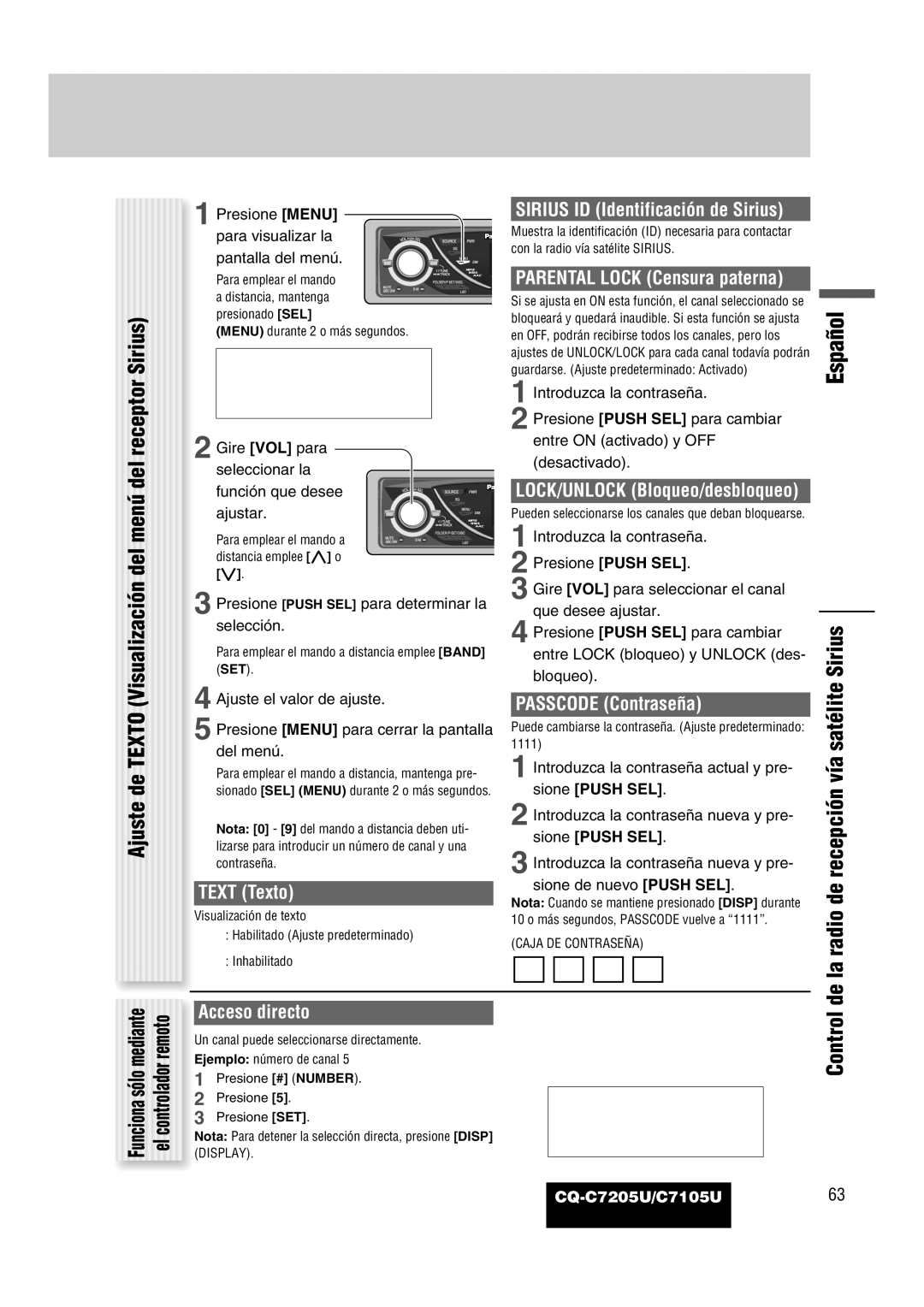 Panasonic CQ-C7205U warranty Ajuste de Texto Visualización del menú del receptor Sirius, Sirius ID Identificación de Sirius 