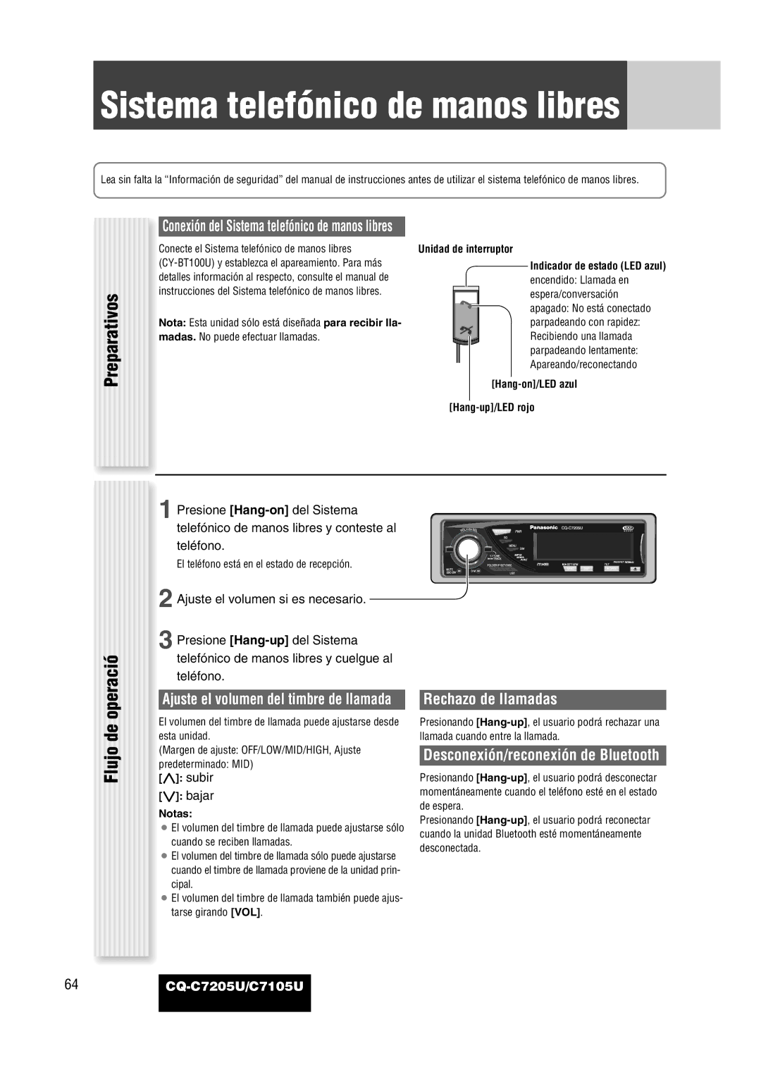 Panasonic CQ-C7205U warranty Conexión del Sistema telefónico de manos libres, Rechazo de llamadas 