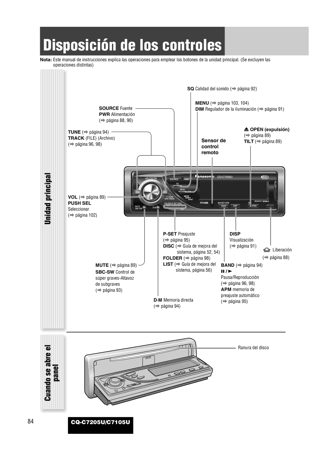 Panasonic CQ-C7205U warranty Disposición de los controles, Unidad principal Cuando se abre el, Panel 