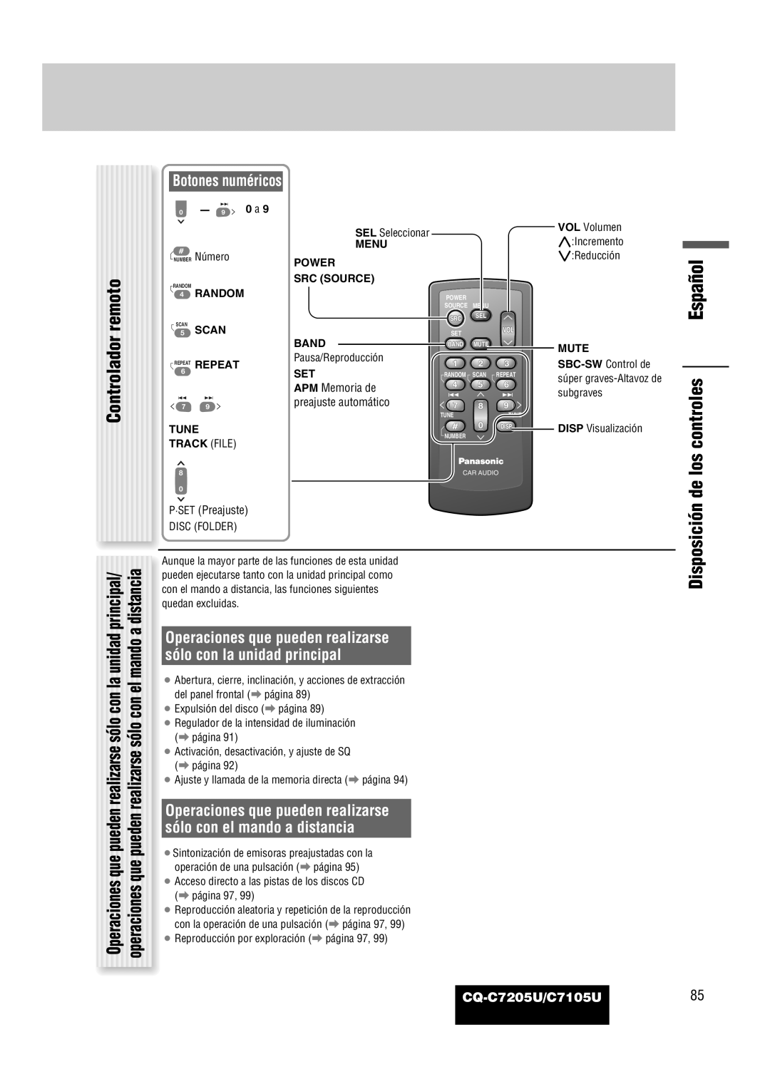 Panasonic warranty Controlador remoto, Disposición de los controles, Botones numéricos, CQ-C7205U/C7105U85 