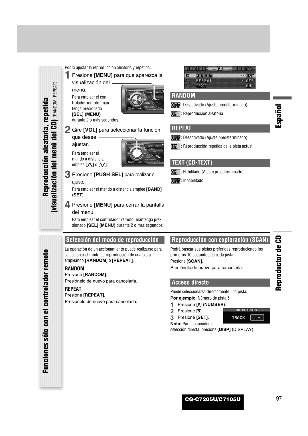 Panasonic CQ-C7205U Reproducción aleatoria, repetida, visualización del menú del CD RANDOM, REPEAT, Reproductor de CD 