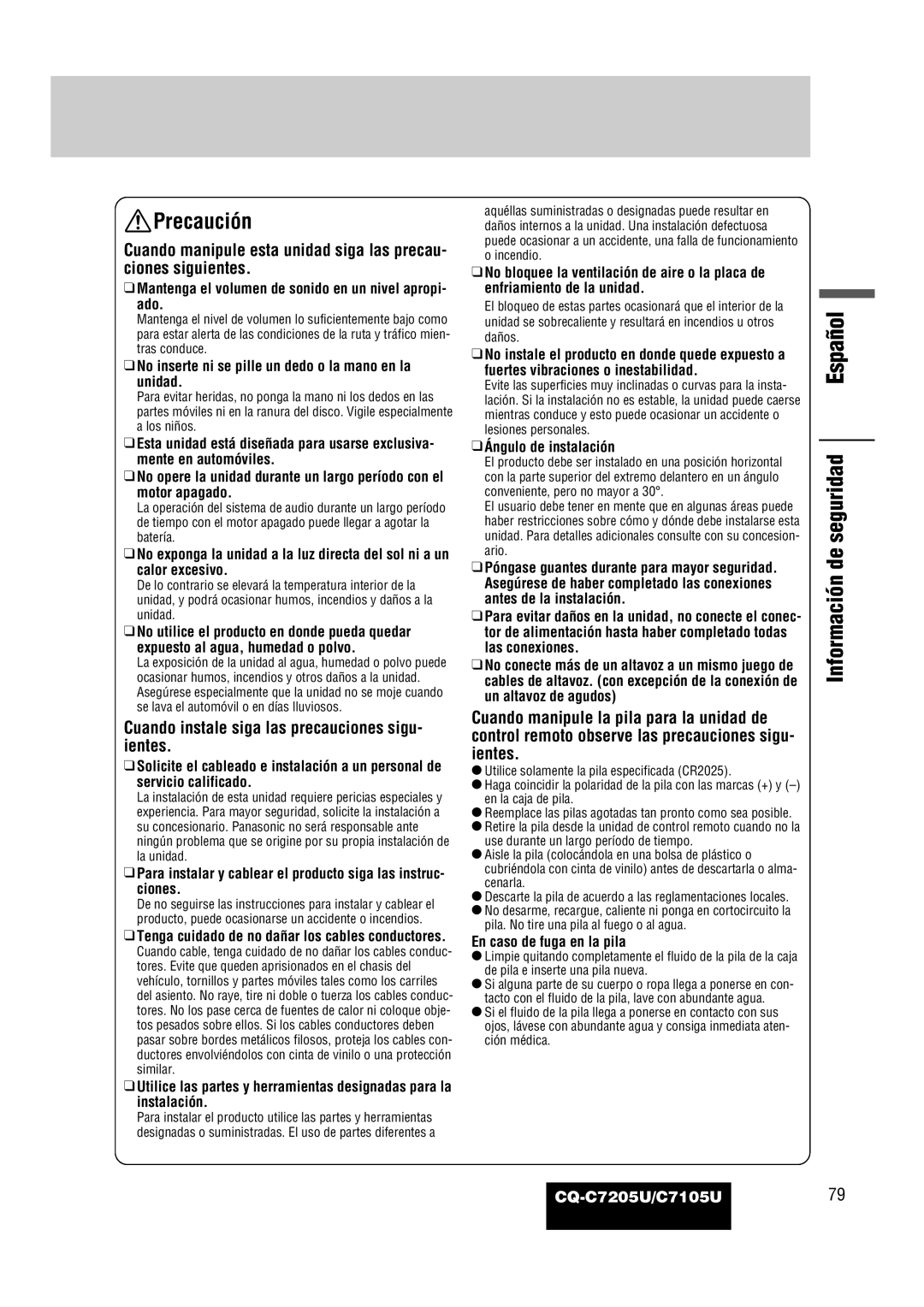 Panasonic CQ-C7205U warranty Español, Precaución, Información de seguridad 