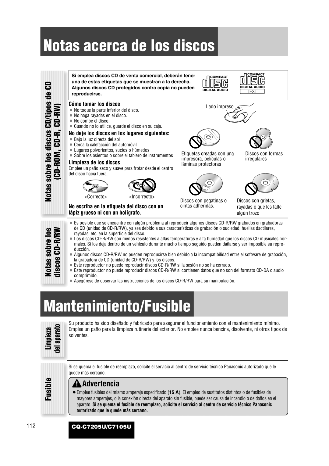 Panasonic CQ-C7205U warranty Notas acerca de los discos, Mantenimiento/Fusible, CD/tipos de CD, Cd-Rw, sobre los, Cd-R/Rw 
