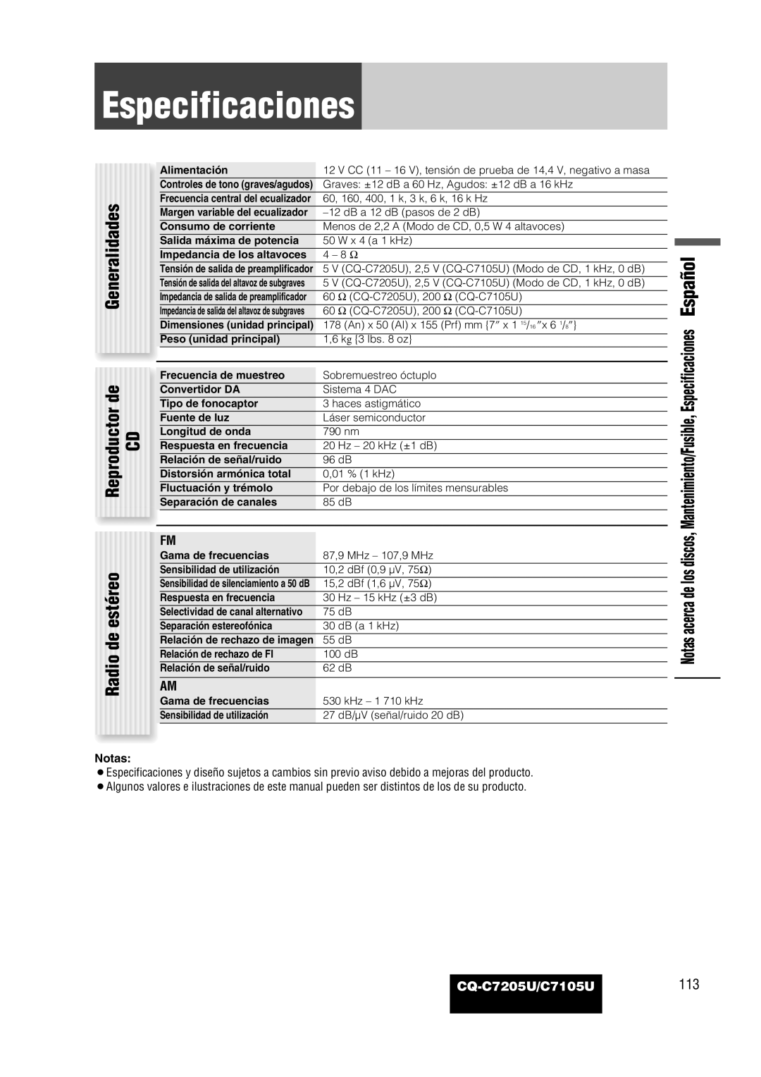 Panasonic warranty Especificaciones, CQ-C7205U/C7105U113 