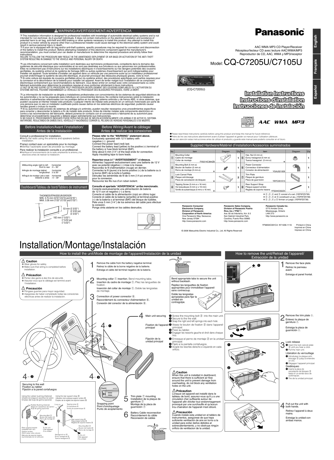 Panasonic CQ-C7205U Installation Instructions, Instructions d’installation, Instrucciones de instalación, English, Español 