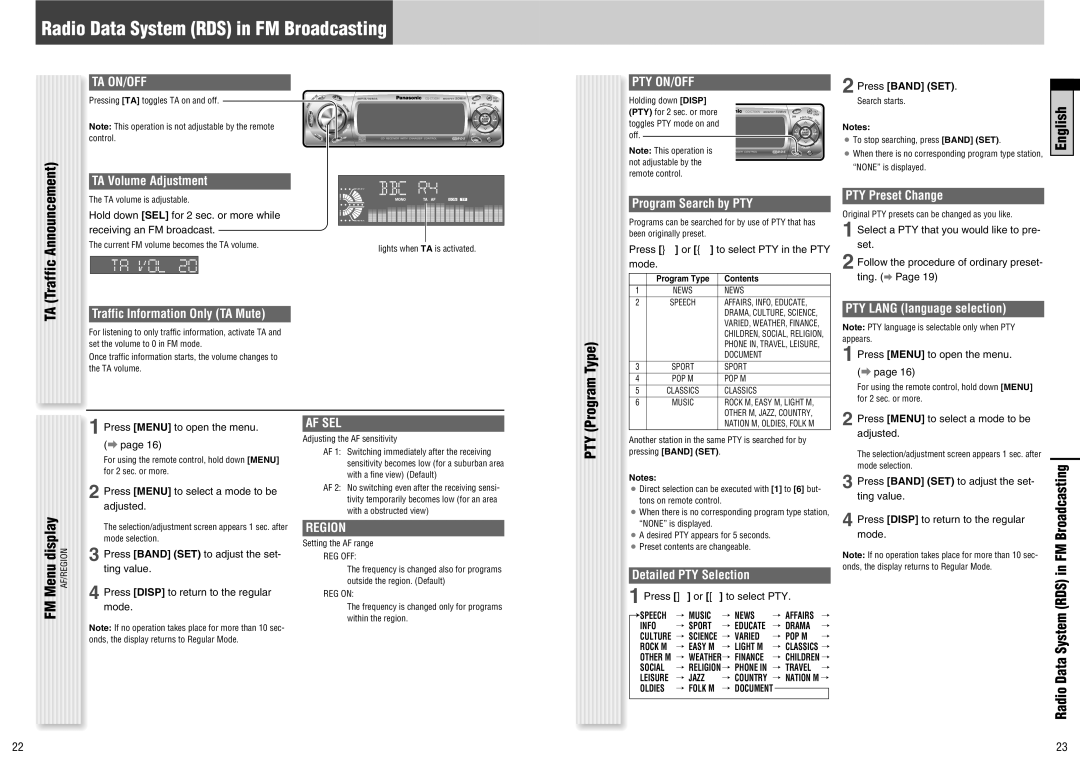 Panasonic CQ-C7300N manual Radio Data System RDS in FM Broadcasting, PTY Program Type, Ta On/Off, Pty On/Off, Af Sel 