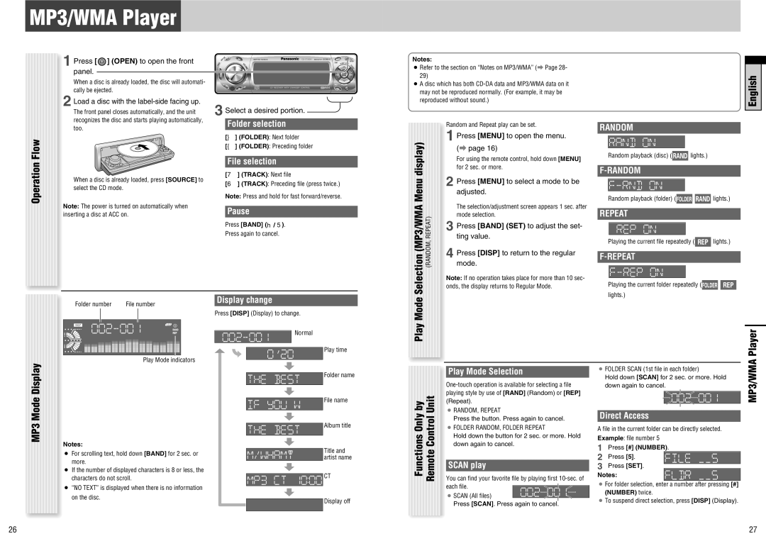 Panasonic CQ-C7300N manual MP3/WMA Player, Unit, Folder selection, File selection, Play Mode Selection 