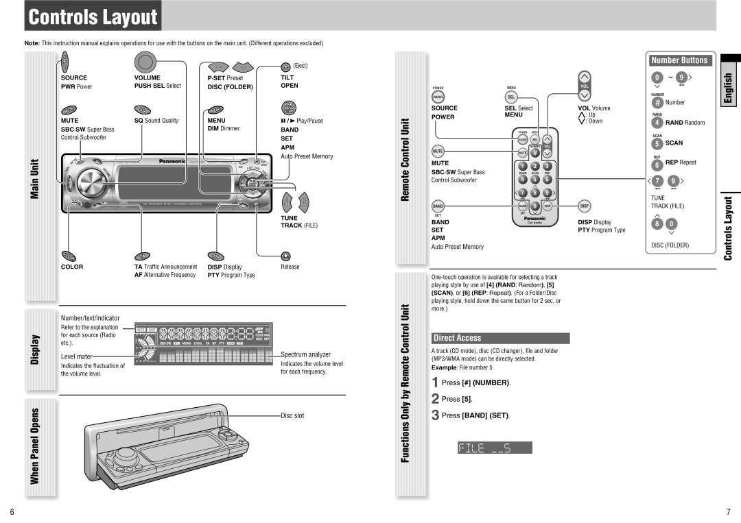 Panasonic CQ-C7300N manual Remote Control Unit Functions Only by Remote Control Unit, English Controls Layout, Main 