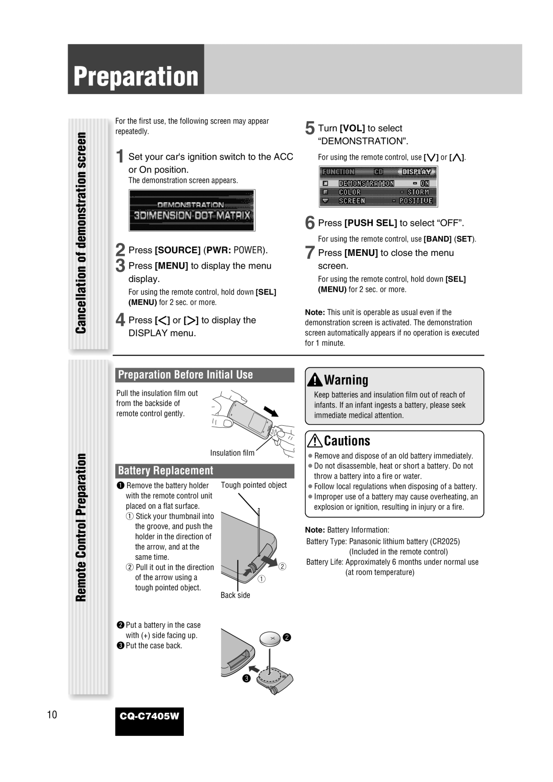 Panasonic CQ-C7405W Cancellation of demonstration screen, Remote Control Preparation, Preparation Before Initial Use 