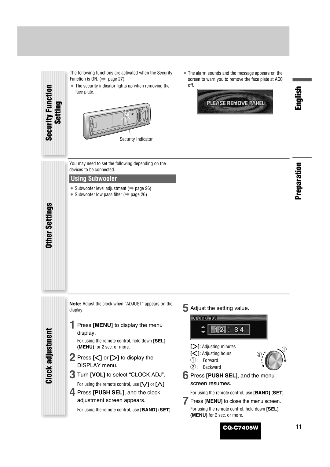 Panasonic CQ-C7405W manual Security Function Setting, Other Settings, Preparation Clock adjustment, Using Subwoofer 